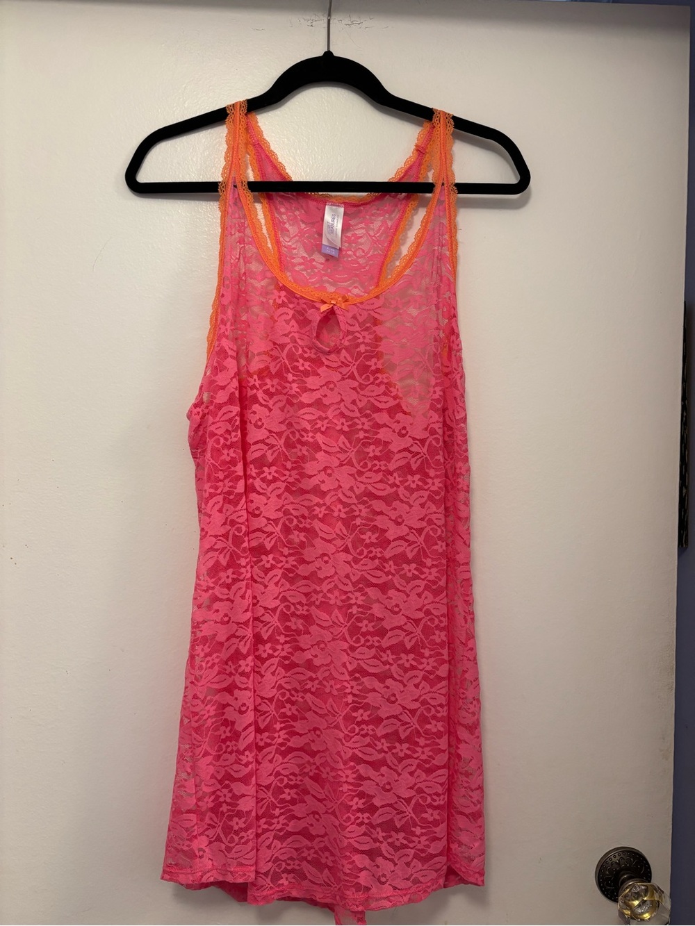 Pink Lace Racerback Chemise with Orange Trim slip dress nightgown y2k